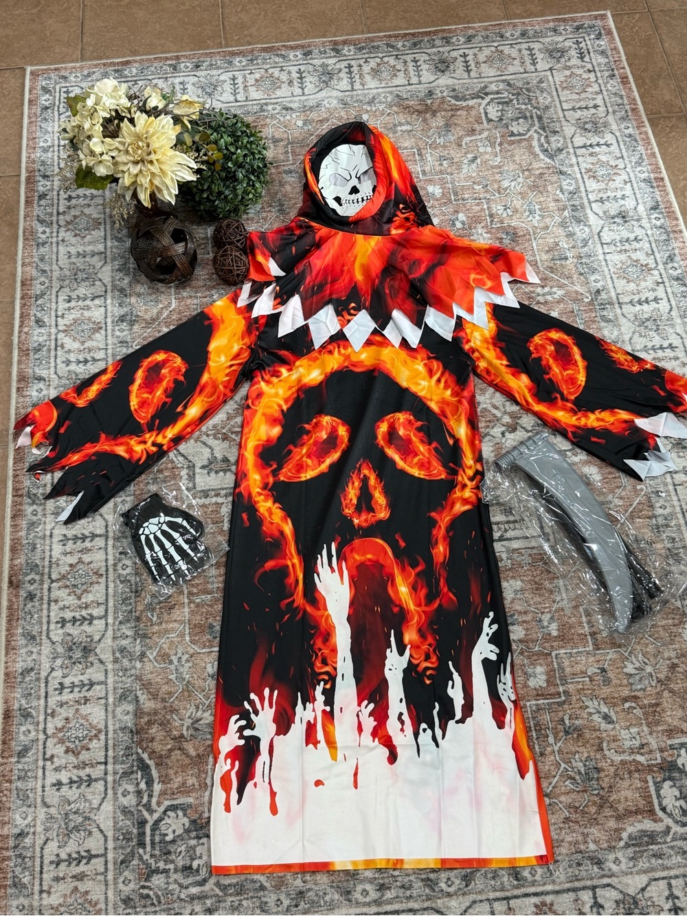 Kids Flaming Skull Hooded Halloween Costume - Black and Orange